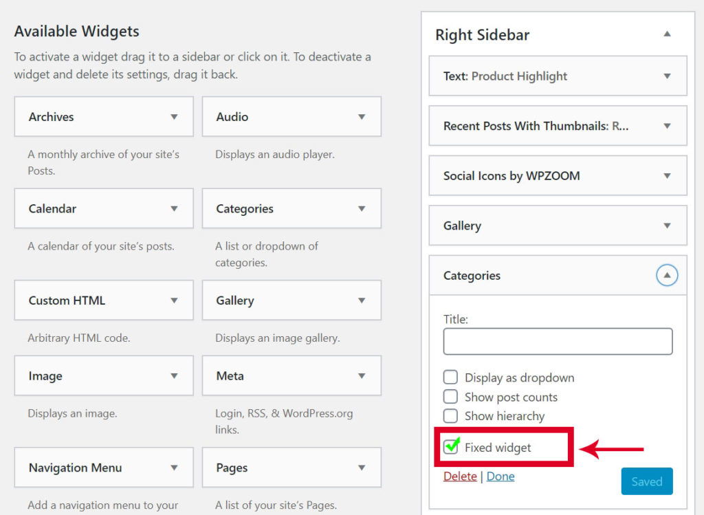 Fixed Widget Option in Widgets