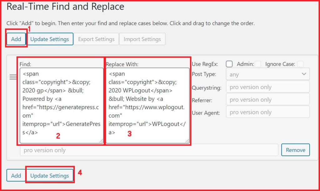 Real-Time Find and Replace Plugin to remove powered by GeneratePress