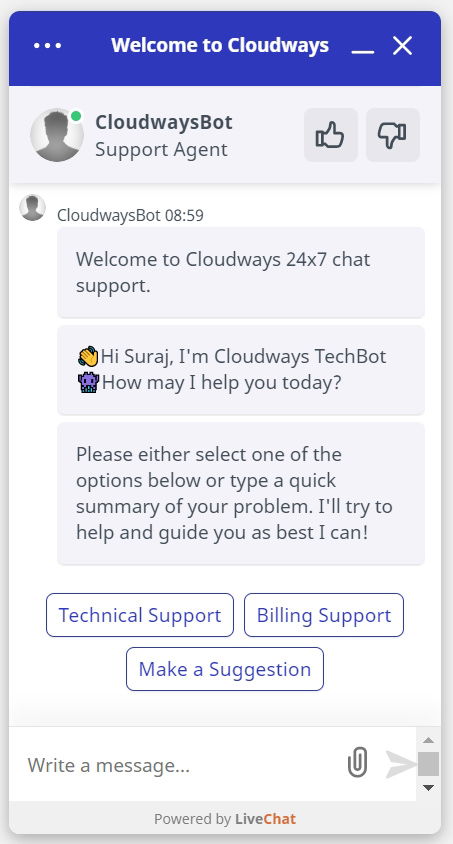 CloudwaysBot in Live Chat Support