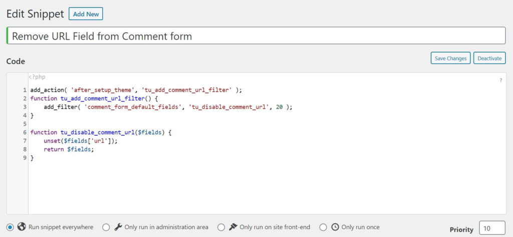 Code Snippet to Remove URL field in GeneratePress