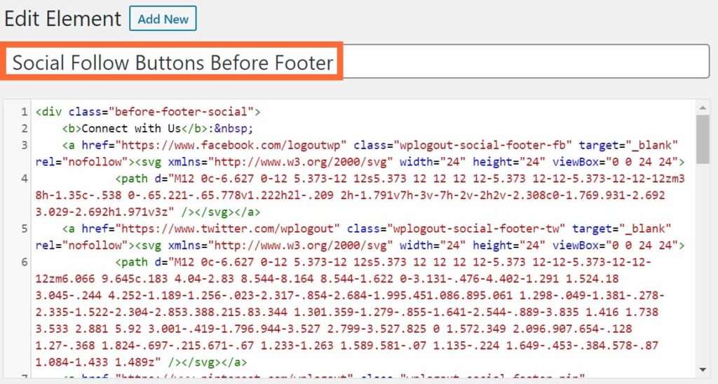 Social Media Follow Buttons Footer Hook Title