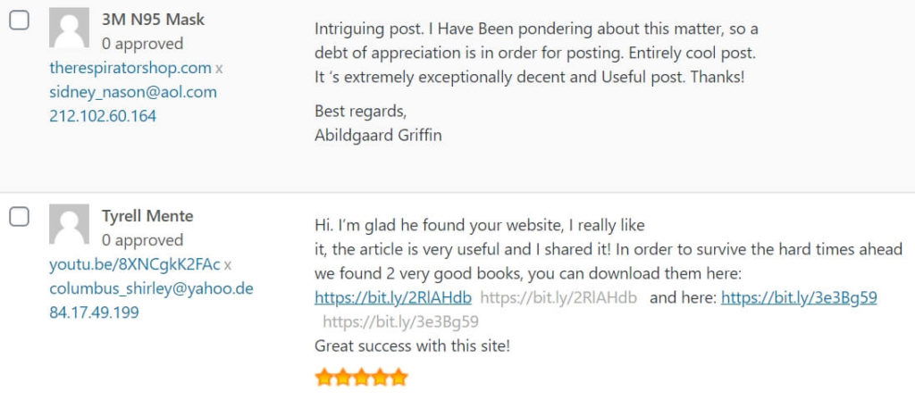 Spam Comments in WordPress with links