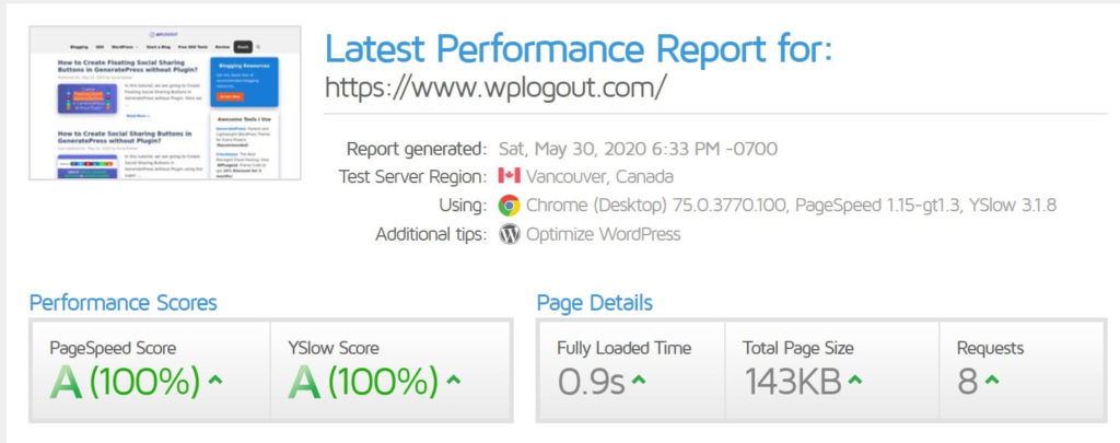 GTMetrix Score WPLogout