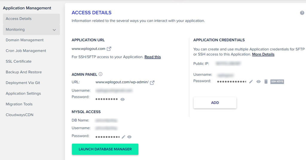 Access Details in Cloudways Application