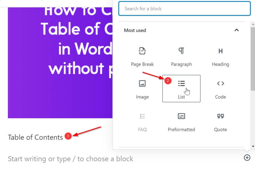 Add list block to create table of contents