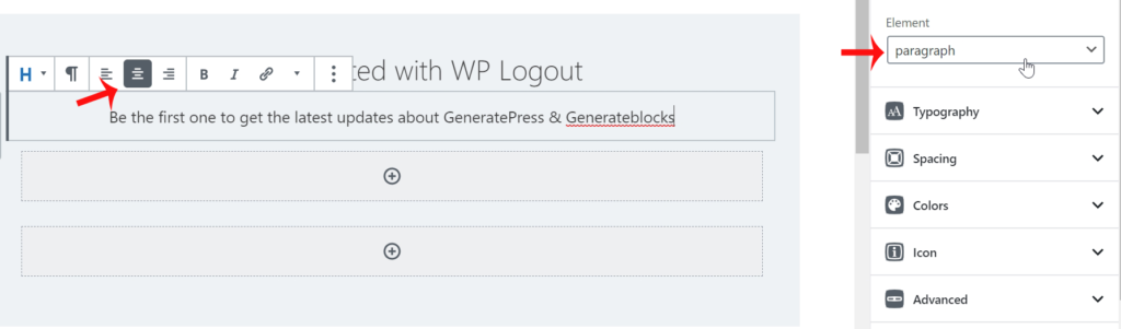 Creating Paragraph in Generateblocks with text align center