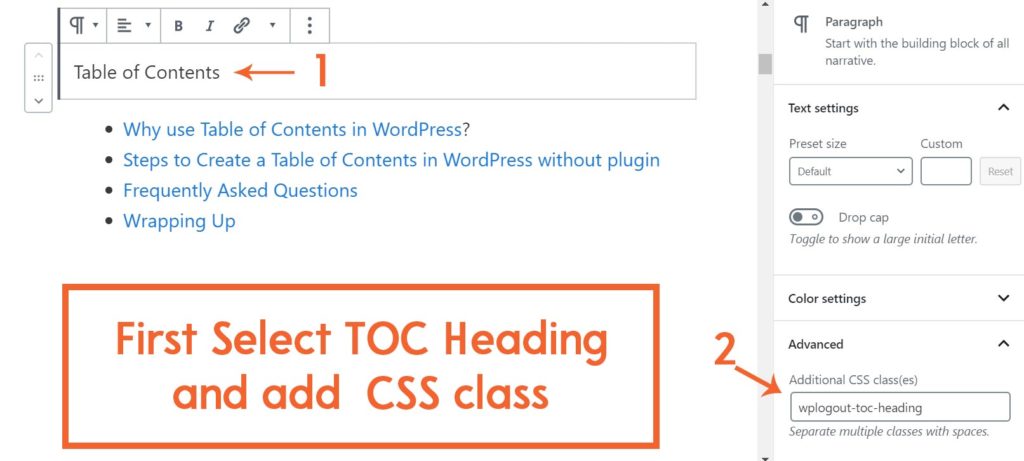 Giving CSS Class to TOC Heading