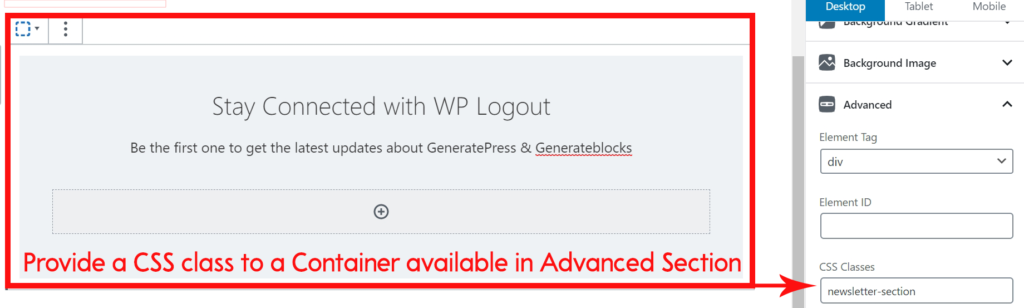 Providing a CSS Class to a Container in Generateblocks