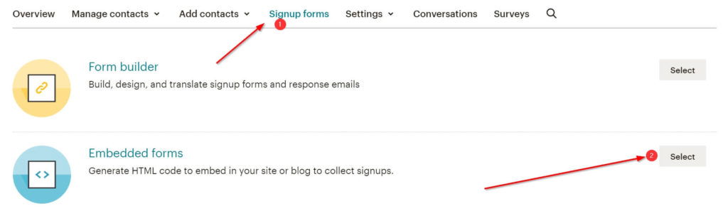 Signup form in MailChimp with Embedded forms