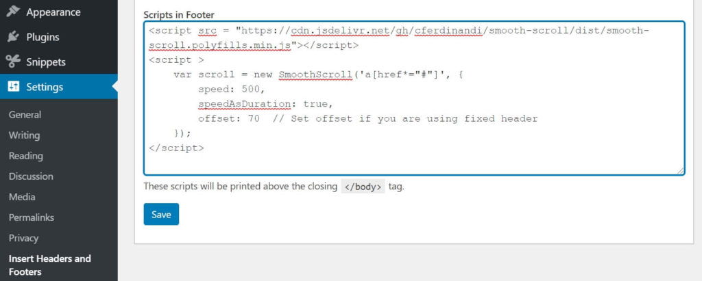 Smooth Scroll using Insert Headers and Footers Plugin