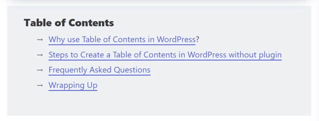 Table of Contents Result
