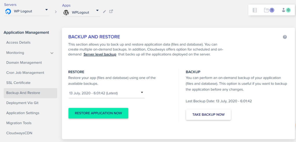 Application Level Backup and Restore on Cloudways