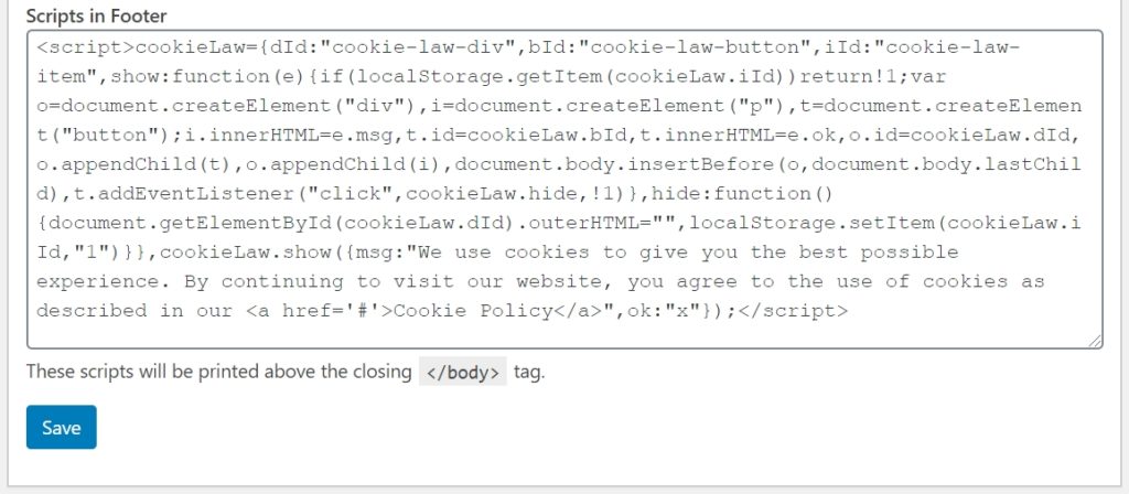 Cookie Notice JS in Headers and Footers Plugin