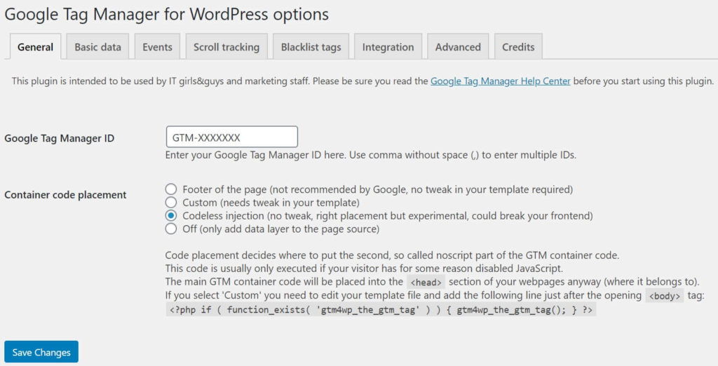 Google Tag Manager for WordPress Settings