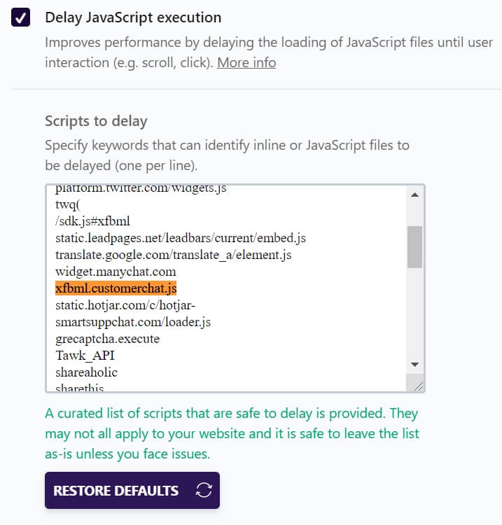 Delay JavaScript Execution WP Rocket Settings