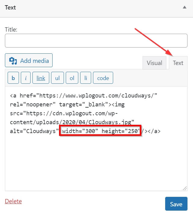 Set Image width and height in Text Widget