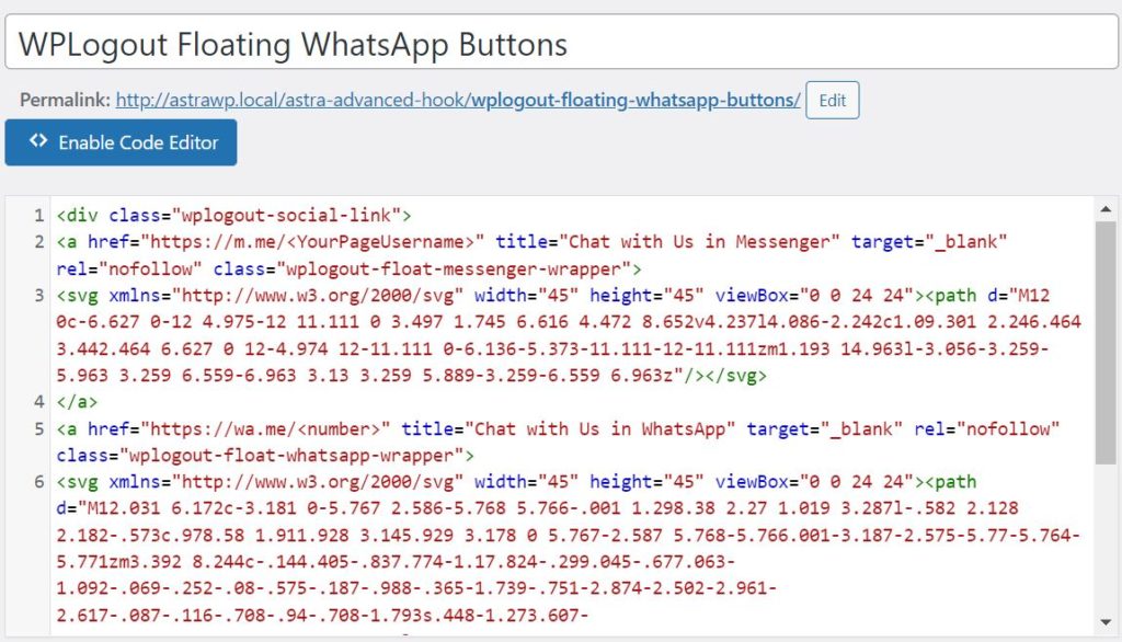 WhatsApp Floating Code in WP Astra Theme