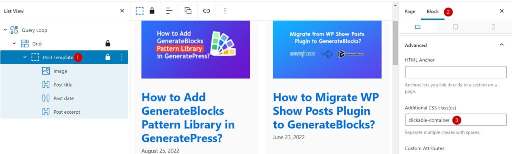 Adding Clickable Container CSS Class in GenerateBlocks free version.