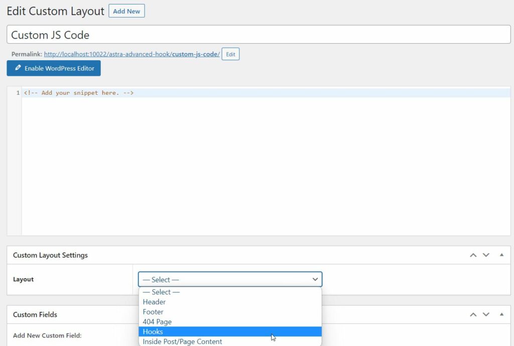 Adding Custom JavaScript code in Astra Theme via Hooks Layout