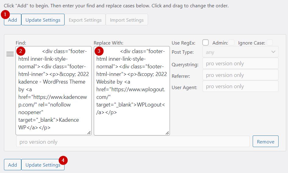 Real Time Find and Replace Plugin to remove powered by Kadence