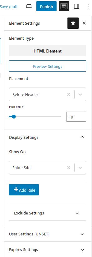 Kadence Notification Bar Element Settings