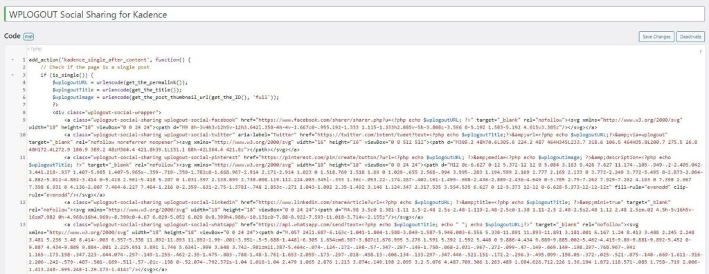 Kadence Social Sharing Code without plugin